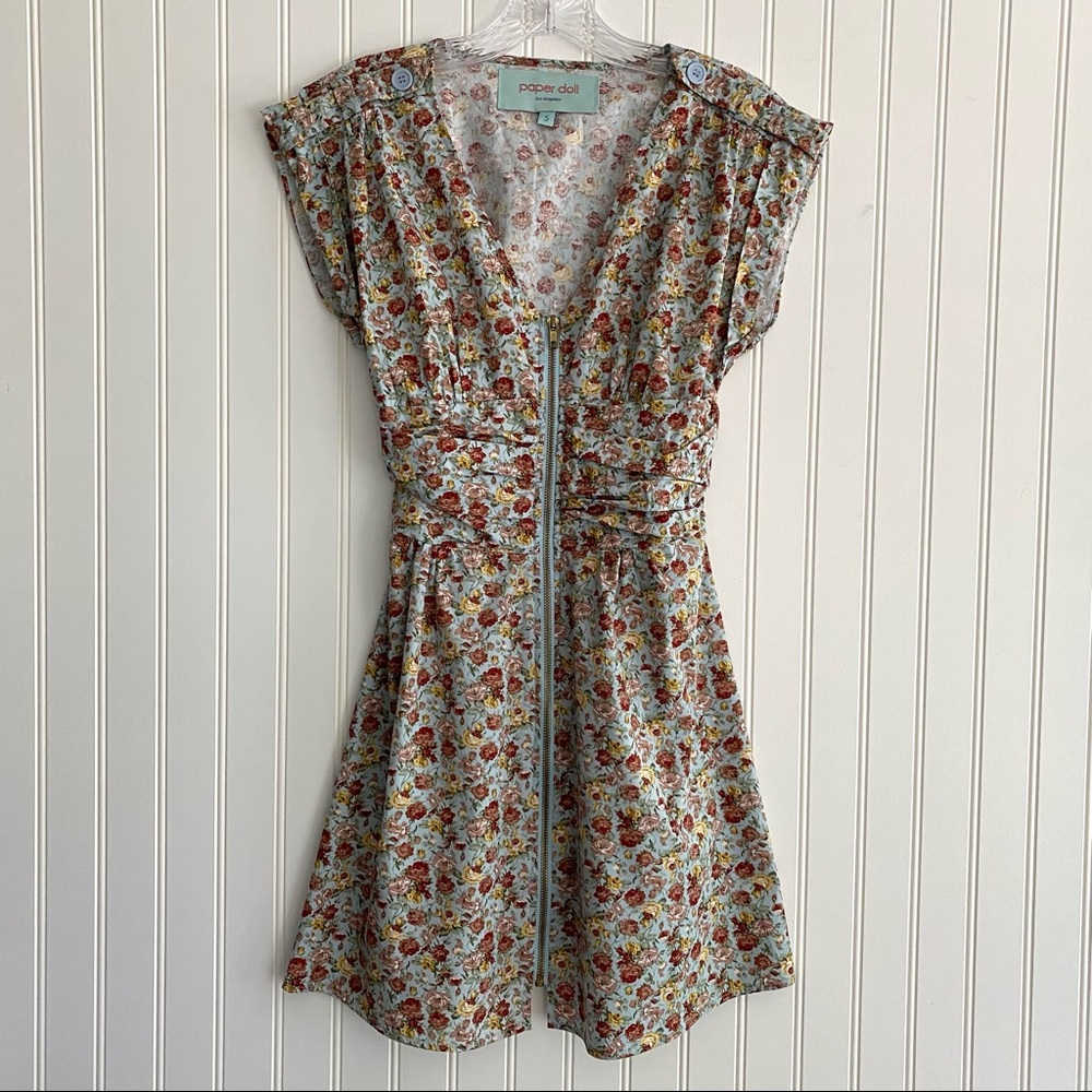 paper doll Floral Zip-Front Dress in Light Blue with Red & Yellow Flowers